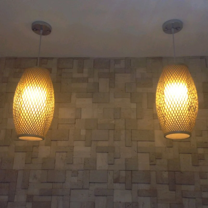 1-Licht-Korridor-Hängebeleuchtung, chinesische Holz-Pendellampe mit elliptischem Bambusschirm Clearhalo