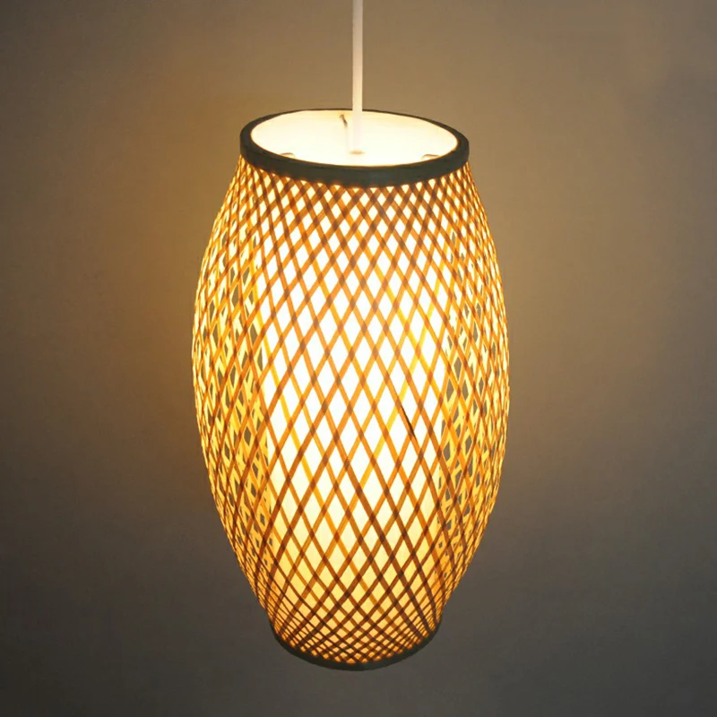 1-Licht-Korridor-Hängebeleuchtung, chinesische Holz-Pendellampe mit elliptischem Bambusschirm Clearhalo