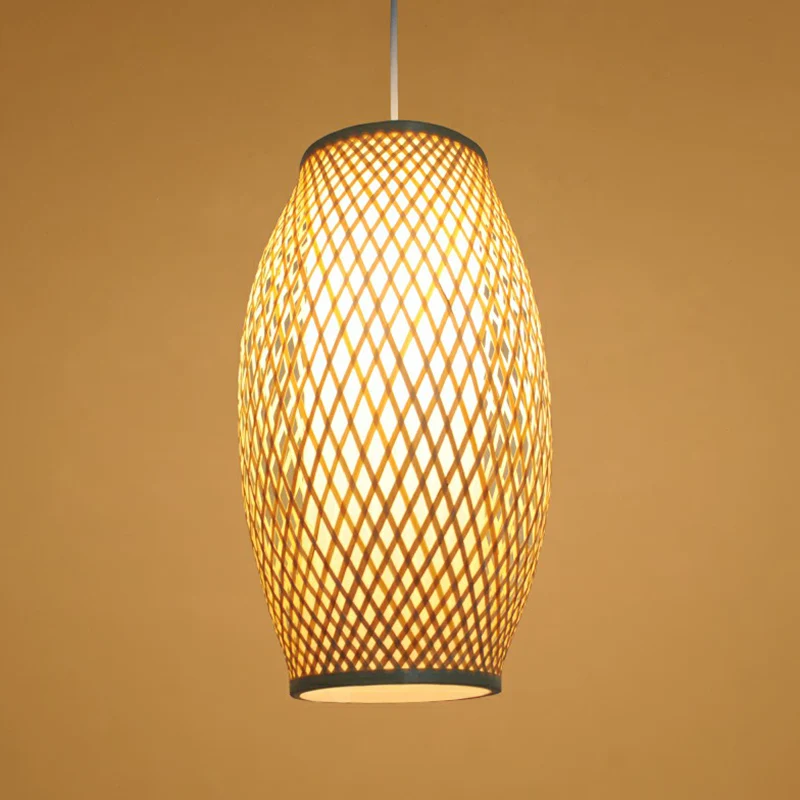 1-Licht-Korridor-Hängebeleuchtung, chinesische Holz-Pendellampe mit elliptischem Bambusschirm Clearhalo