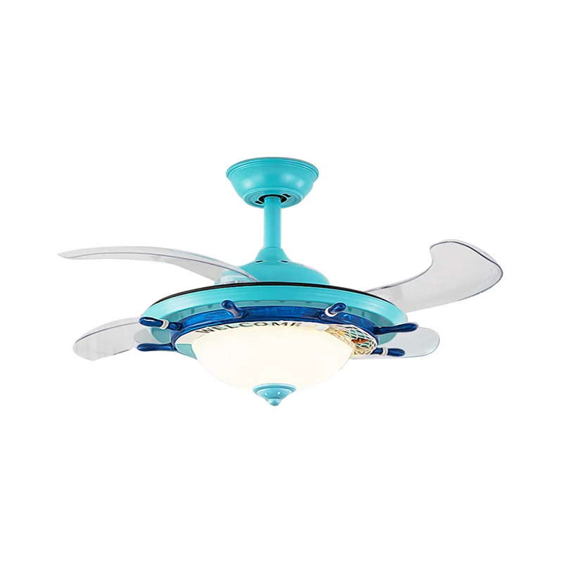 1-Licht-Schlafzimmer-Ruderventilatorlampe für Kinder, Weiß/Blau, 4 Flügel, halbmontierte Beleuchtung mit kuppelförmigem Op...