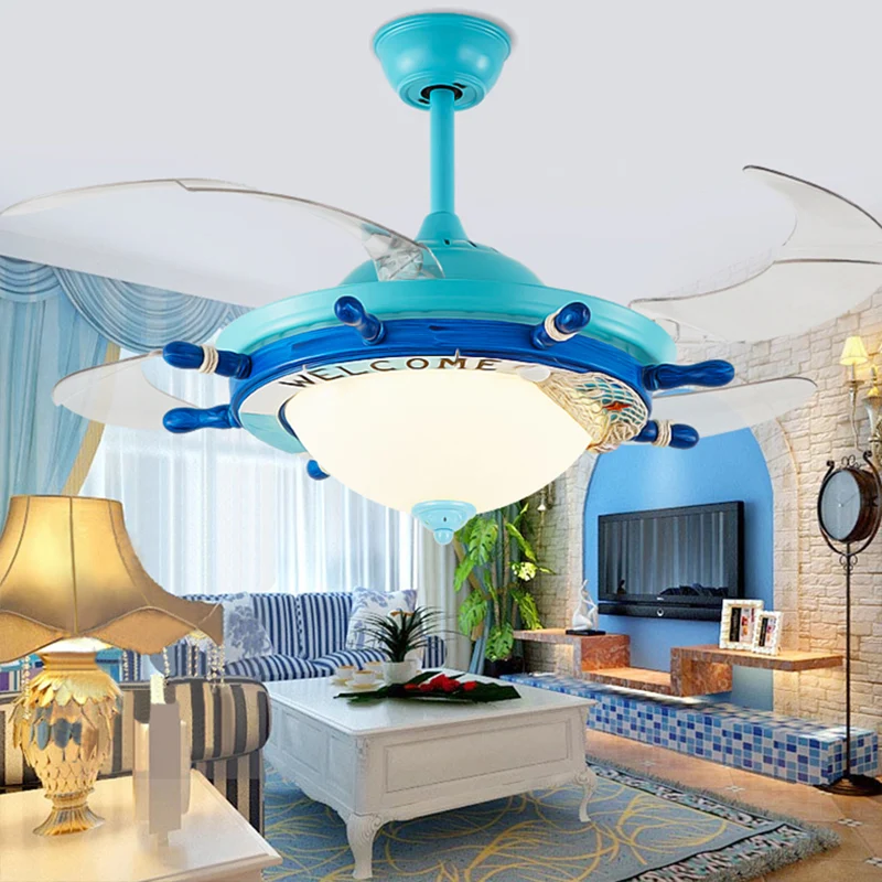 1-Licht-Schlafzimmer-Ruderventilatorlampe für Kinder, Weiß/Blau, 4 Flügel, halbmontierte Beleuchtung mit kuppelförmigem Op...