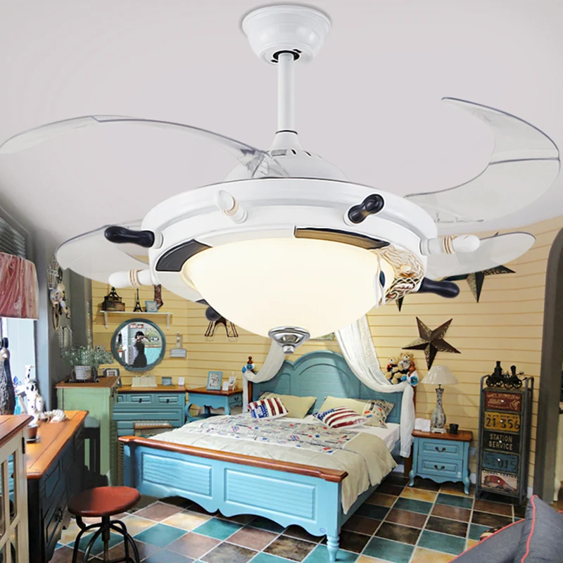 1-Licht-Schlafzimmer-Ruderventilatorlampe für Kinder, Weiß/Blau, 4 Flügel, halbmontierte Beleuchtung mit kuppelförmigem Op...