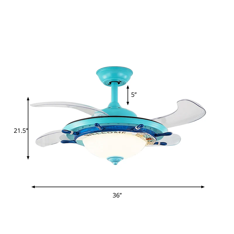 1-Licht-Schlafzimmer-Ruderventilatorlampe für Kinder, Weiß/Blau, 4 Flügel, halbmontierte Beleuchtung mit kuppelförmigem Op...