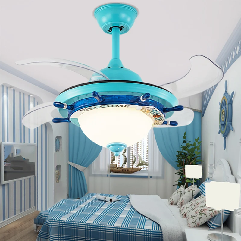 1-Licht-Schlafzimmer-Ruderventilatorlampe für Kinder, Weiß/Blau, 4 Flügel, halbmontierte Beleuchtung mit kuppelförmigem Op...
