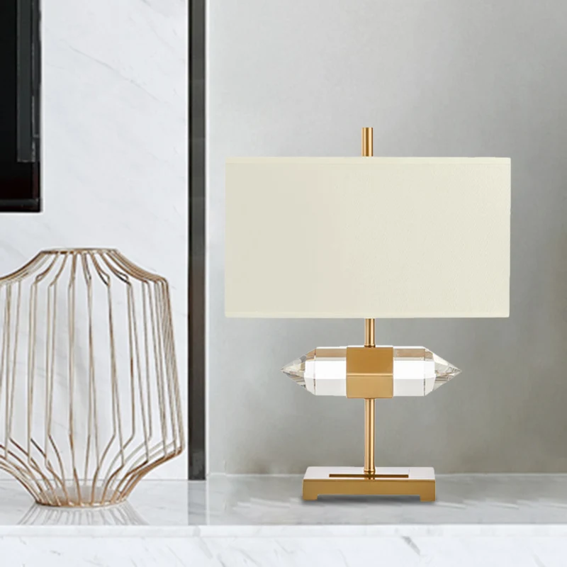 1-Licht-Tischlampe Simplicity, rechteckiges Nachtlicht aus Stoff mit Kristallprisma-Dekor Gold Clearhalo