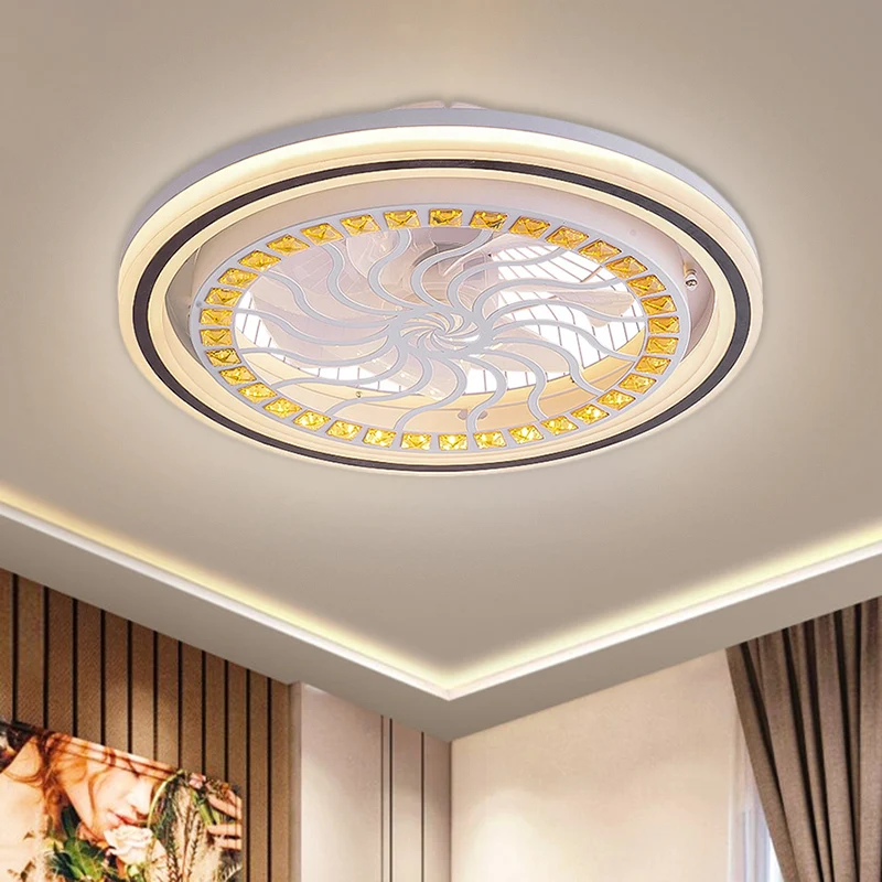 21,5' W LED-Kristallblock-Hängeventilatorlampe, zeitgenössische weiße, runde, halbbündige Esszimmerleuchte mit 7 Flügeln C...