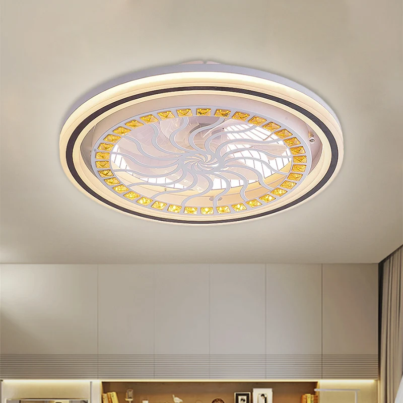 21,5' W LED-Kristallblock-Hängeventilatorlampe, zeitgenössische weiße, runde, halbbündige Esszimmerleuchte mit 7 Flügeln C...