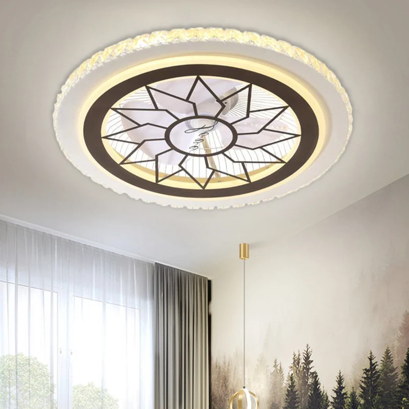 21,5' W LED-Kristallblock-Hängeventilatorlampe, zeitgenössische weiße, runde, halbbündige Esszimmerleuchte mit 7 Flügeln C...