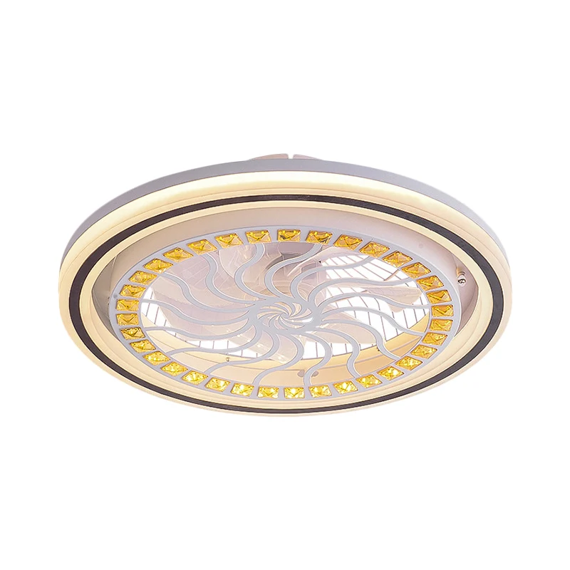 21,5' W LED-Kristallblock-Hängeventilatorlampe, zeitgenössische weiße, runde, halbbündige Esszimmerleuchte mit 7 Flügeln C...
