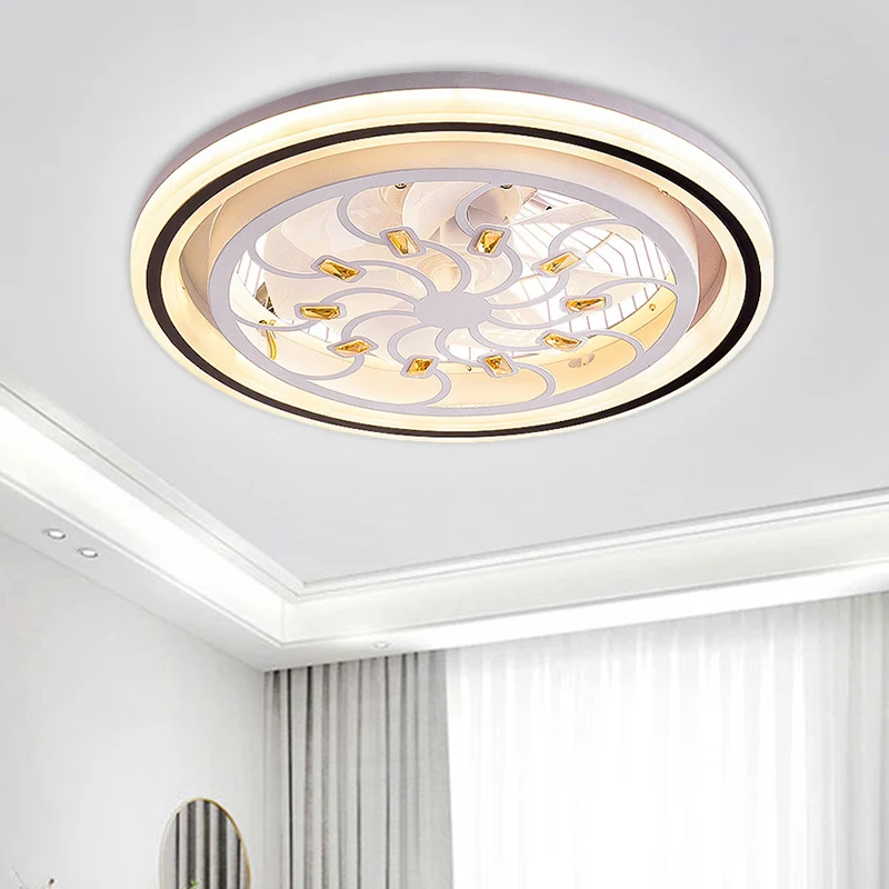 21,5' W LED-Kristallblock-Hängeventilatorlampe, zeitgenössische weiße, runde, halbbündige Esszimmerleuchte mit 7 Flügeln C...