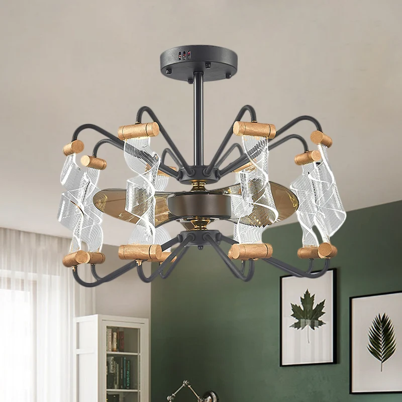 29,5" Breite, gedrehte Deckenventilatorlampe aus Acryl, moderne 8-flammige schwarze halbbündige 3-Blatt-Leuchte Clearhalo