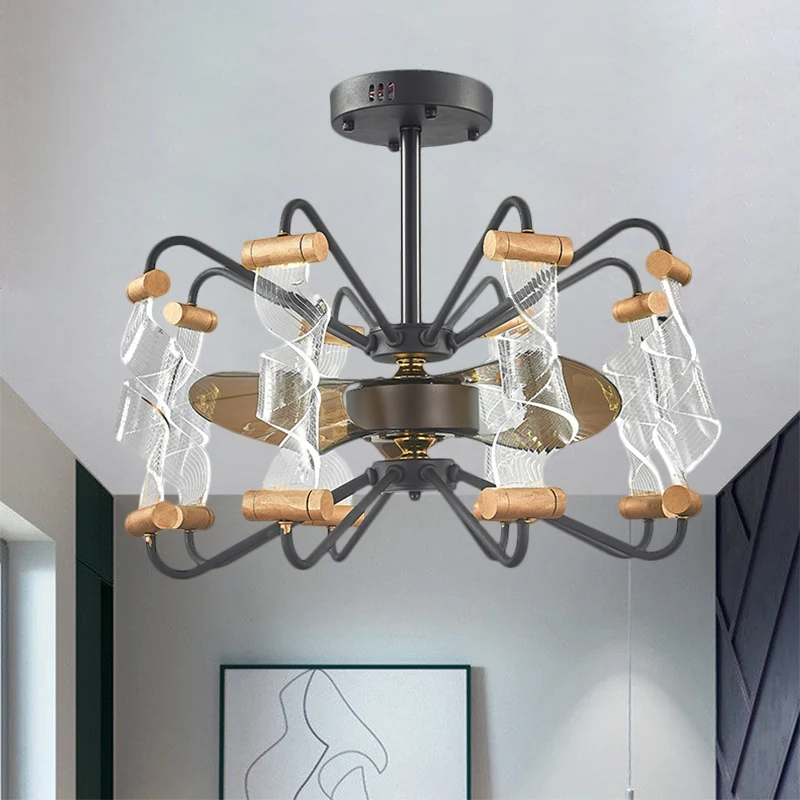 29,5" Breite, gedrehte Deckenventilatorlampe aus Acryl, moderne 8-flammige schwarze halbbündige 3-Blatt-Leuchte Clearhalo