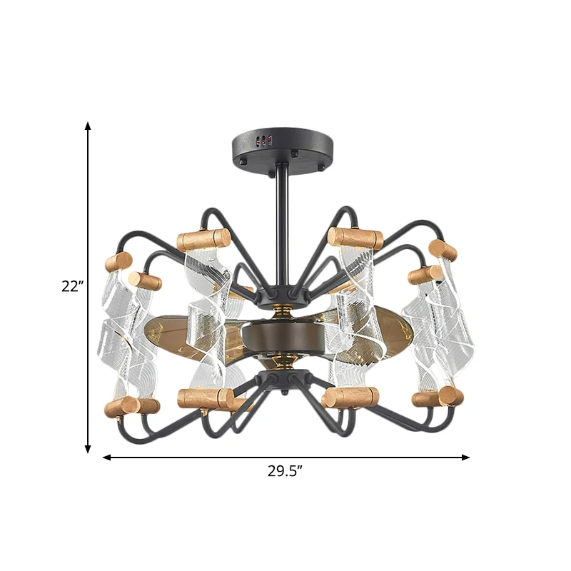29,5" Breite, gedrehte Deckenventilatorlampe aus Acryl, moderne 8-flammige schwarze halbbündige 3-Blatt-Leuchte Clearhalo