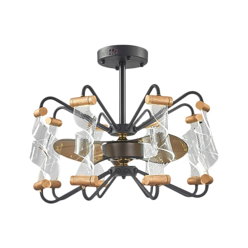 29,5" Breite, gedrehte Deckenventilatorlampe aus Acryl, moderne 8-flammige schwarze halbbündige 3-Blatt-Leuchte Clearhalo