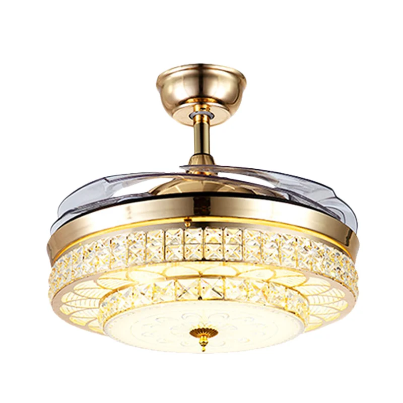 3-flügelige, abgeschrägte Kristall-LED-Halbbündige, postmoderne goldene 2-stufige Wohnzimmer-Hängeventilatorlampe, 19,5" b...