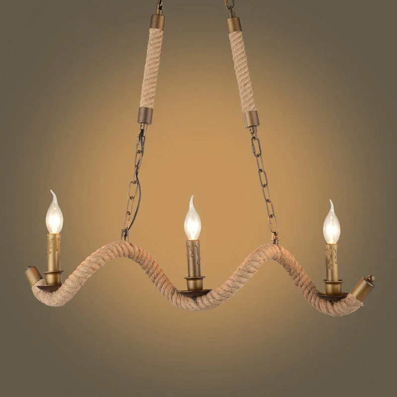 3-Köpfe-Insel-Pendelleuchte, Vintage-Kerzenständer, Eisen-Deckenleuchte mit Hanfseil Flachs Clearhalo