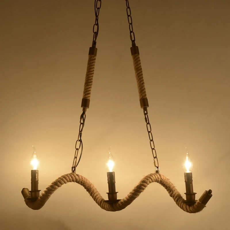 3-Köpfe-Insel-Pendelleuchte, Vintage-Kerzenständer, Eisen-Deckenleuchte mit Hanfseil Flachs Clearhalo
