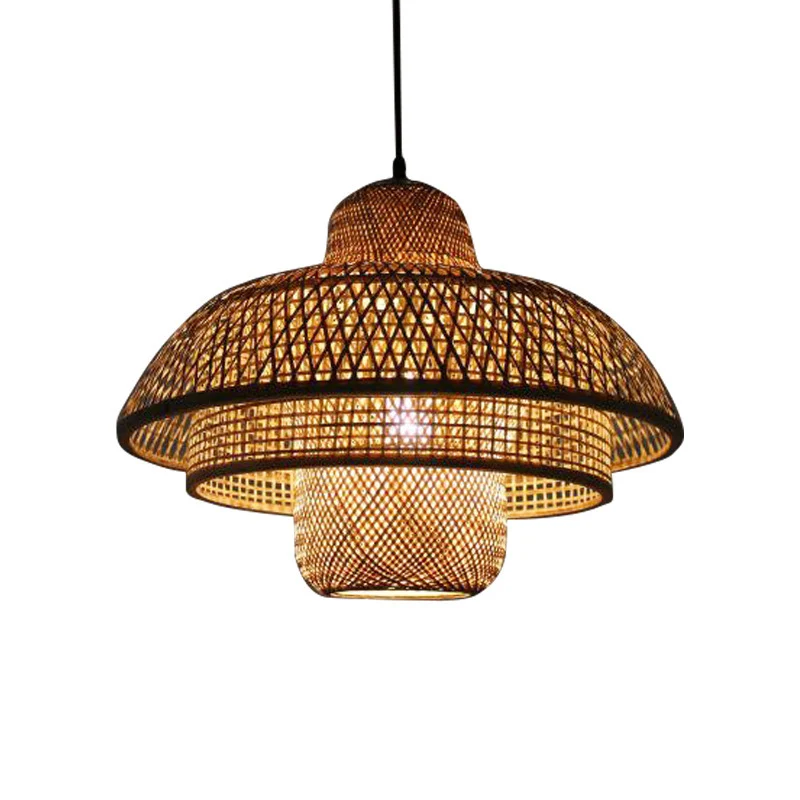 3-stöckige runde Käfig-Hängeleuchte, Asia Bamboo, 1 Licht, Restaurant-Hängebeleuchtung Beige Clearhalo