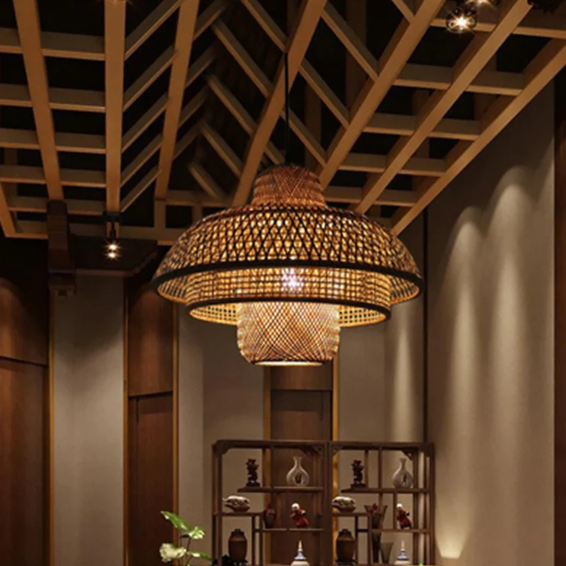 3-stöckige runde Käfig-Hängeleuchte, Asia Bamboo, 1 Licht, Restaurant-Hängebeleuchtung Beige Clearhalo