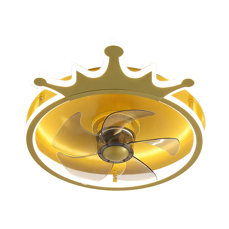 5-Blatt-LED-Schlafzimmer-Pendelventilatorleuchte, moderne, halbbündige, goldfarbene Beleuchtung mit kronenförmigem Acrylsc...