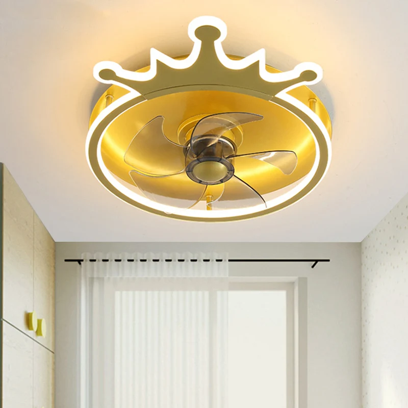 5-Blatt-LED-Schlafzimmer-Pendelventilatorleuchte, moderne, halbbündige, goldfarbene Beleuchtung mit kronenförmigem Acrylsc...