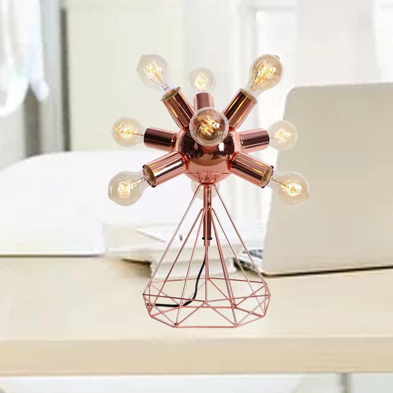 6/9-Kopf-Tischbeleuchtung, Retro-Stil, nackte Glühbirne, Metall-Tischlampe mit Diamantsockel Kupfer für Schlafzimmer Clear...