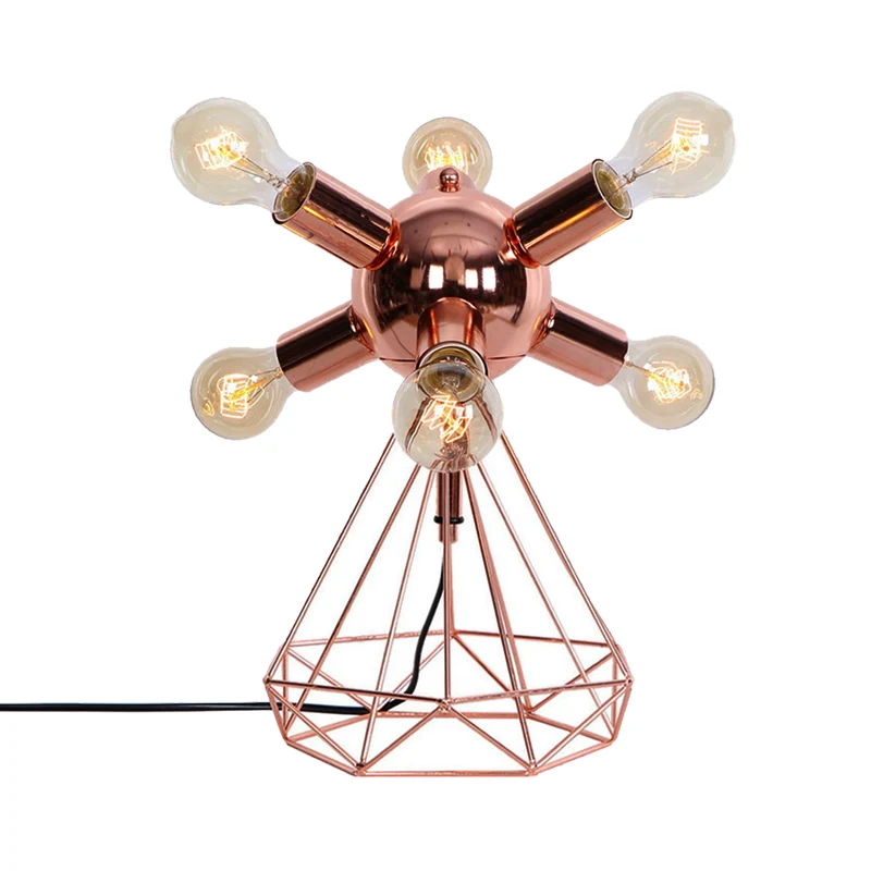 6/9-Kopf-Tischbeleuchtung, Retro-Stil, nackte Glühbirne, Metall-Tischlampe mit Diamantsockel Kupfer für Schlafzimmer Clear...