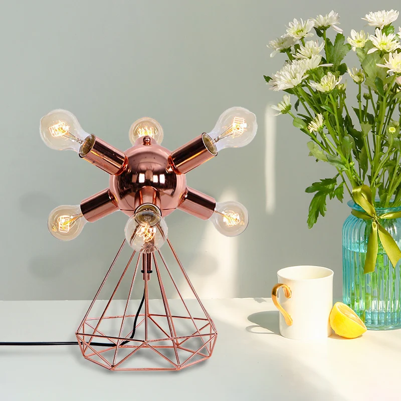 6/9-Kopf-Tischbeleuchtung, Retro-Stil, nackte Glühbirne, Metall-Tischlampe mit Diamantsockel Kupfer für Schlafzimmer Clear...