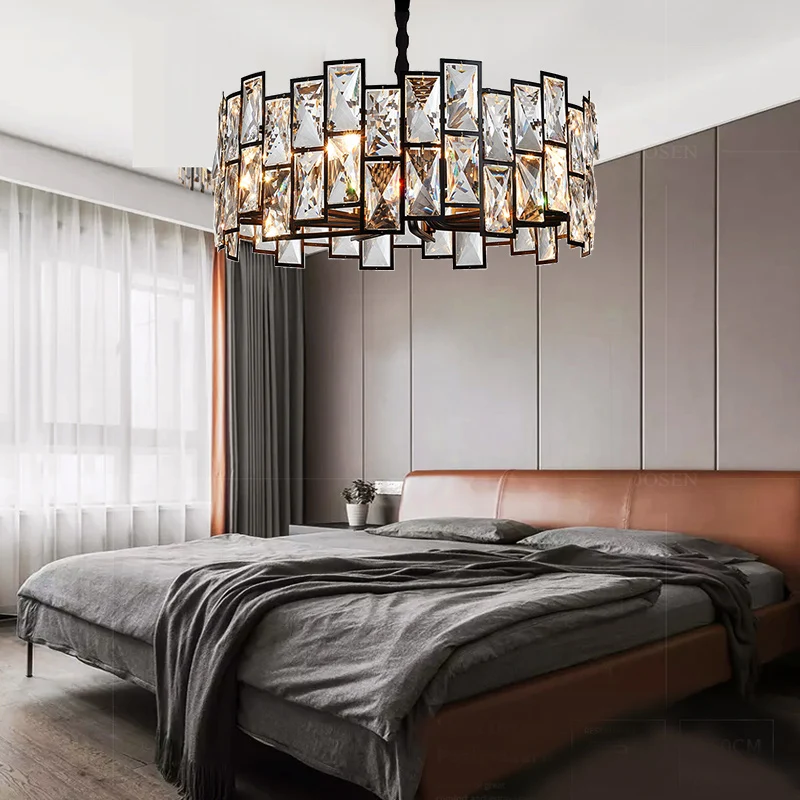 6-flammiger Wohnzimmer-Kronleuchter, moderne schwarze Pendelleuchte mit trommelförmigem Kristallschirm Clearhalo