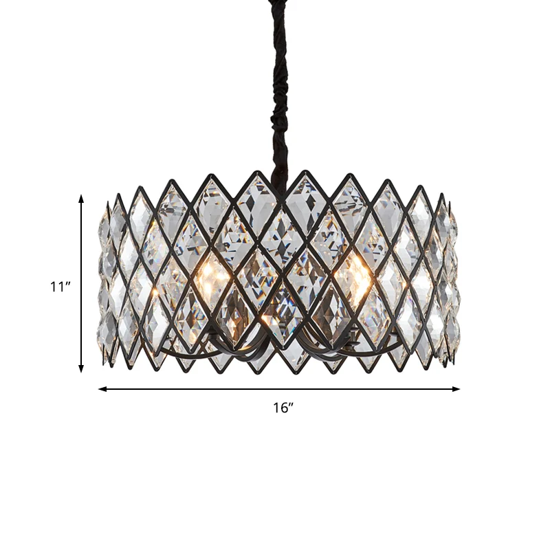 8-flammige Wohnzimmer-Deckenpendelleuchte, postmoderne schwarze Kronleuchterleuchte mit Trommelkristall und Metallschirm C...