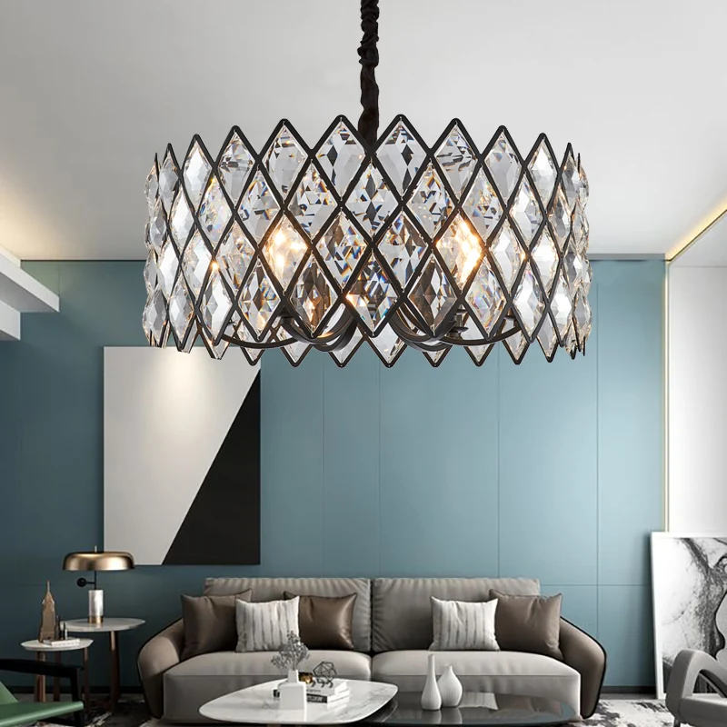 8-flammige Wohnzimmer-Deckenpendelleuchte, postmoderne schwarze Kronleuchterleuchte mit Trommelkristall und Metallschirm C...