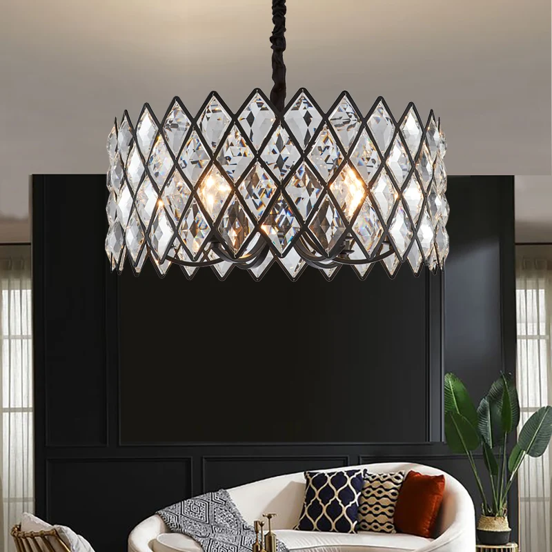 8-flammige Wohnzimmer-Deckenpendelleuchte, postmoderne schwarze Kronleuchterleuchte mit Trommelkristall und Metallschirm C...