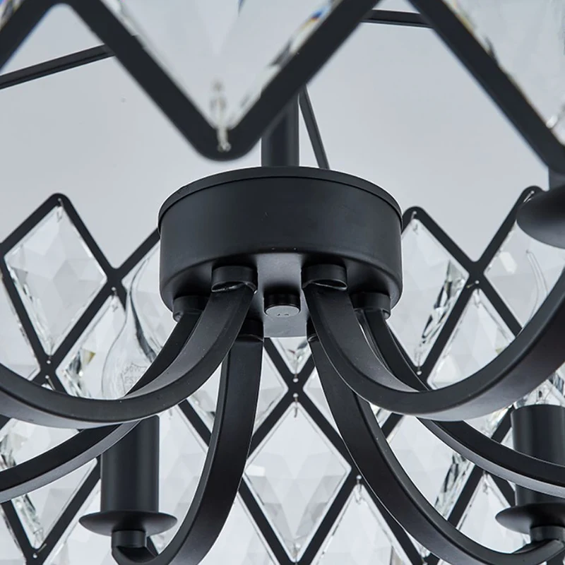 8-flammige Wohnzimmer-Deckenpendelleuchte, postmoderne schwarze Kronleuchterleuchte mit Trommelkristall und Metallschirm C...