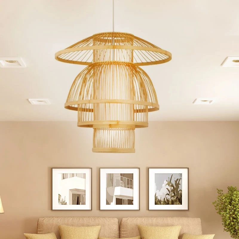 Abgestufte Esszimmer-Pendelleuchte aus Bambus mit 1 Licht, asiatische, stilvolle Hängelampe Beige Clearhalo