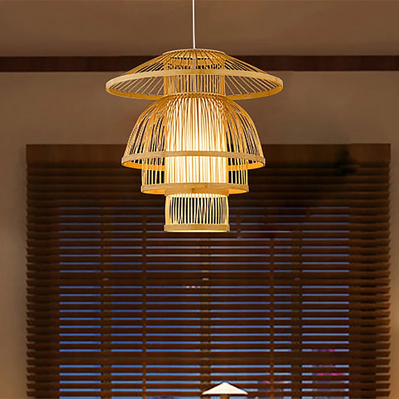 Abgestufte Esszimmer-Pendelleuchte aus Bambus mit 1 Licht, asiatische, stilvolle Hängelampe Beige Clearhalo