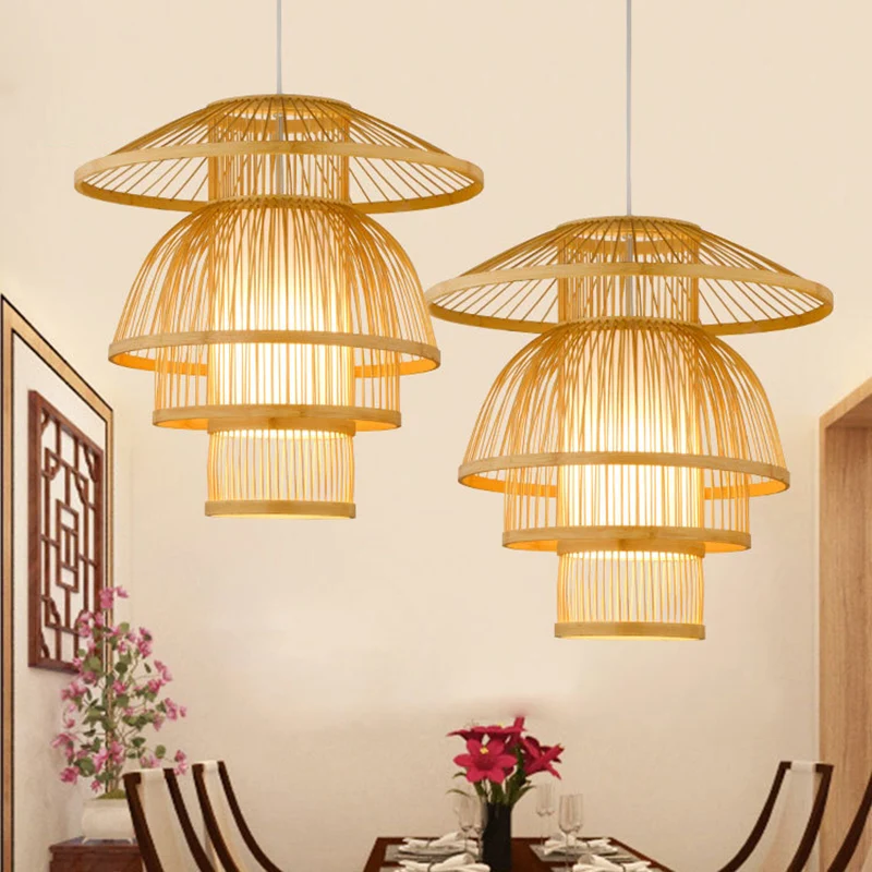 Abgestufte Esszimmer-Pendelleuchte aus Bambus mit 1 Licht, asiatische, stilvolle Hängelampe Beige Clearhalo