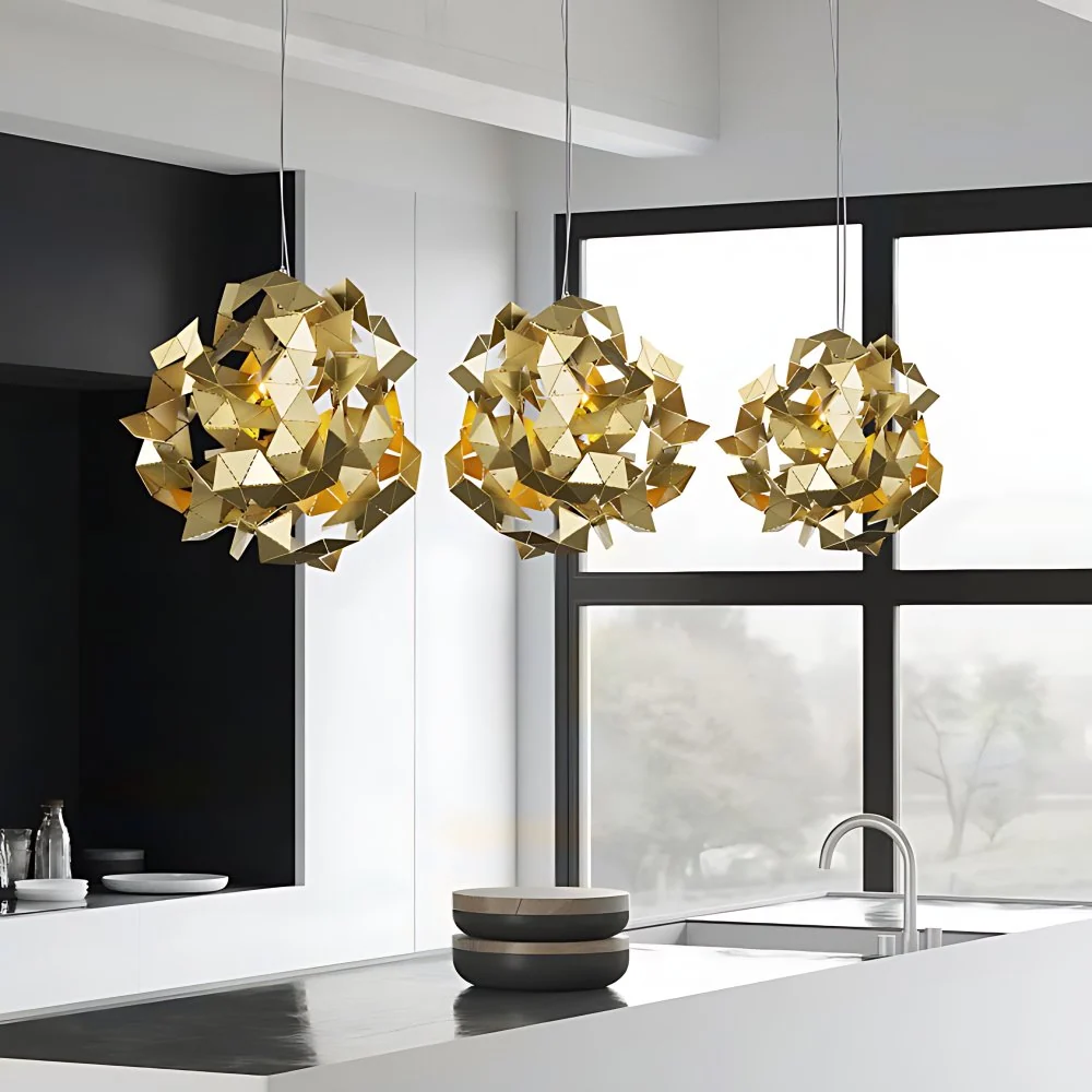 Abstrakte Hängeleuchte aus Metall mit drei Leuchten, postmoderner Deckenleuchter Schwarz/Gold/Silber Clearhalo