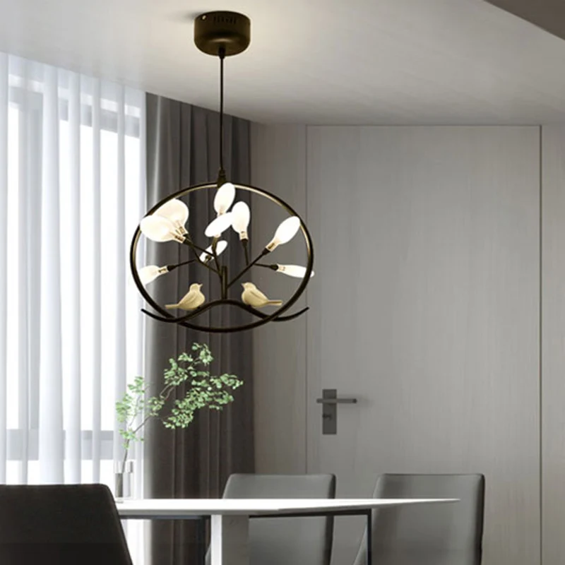 Acryl-Zweig-Pendelleuchte, nordischer 9-Licht-Kronleuchter mit Vogel- und Ringdekoration Clearhalo