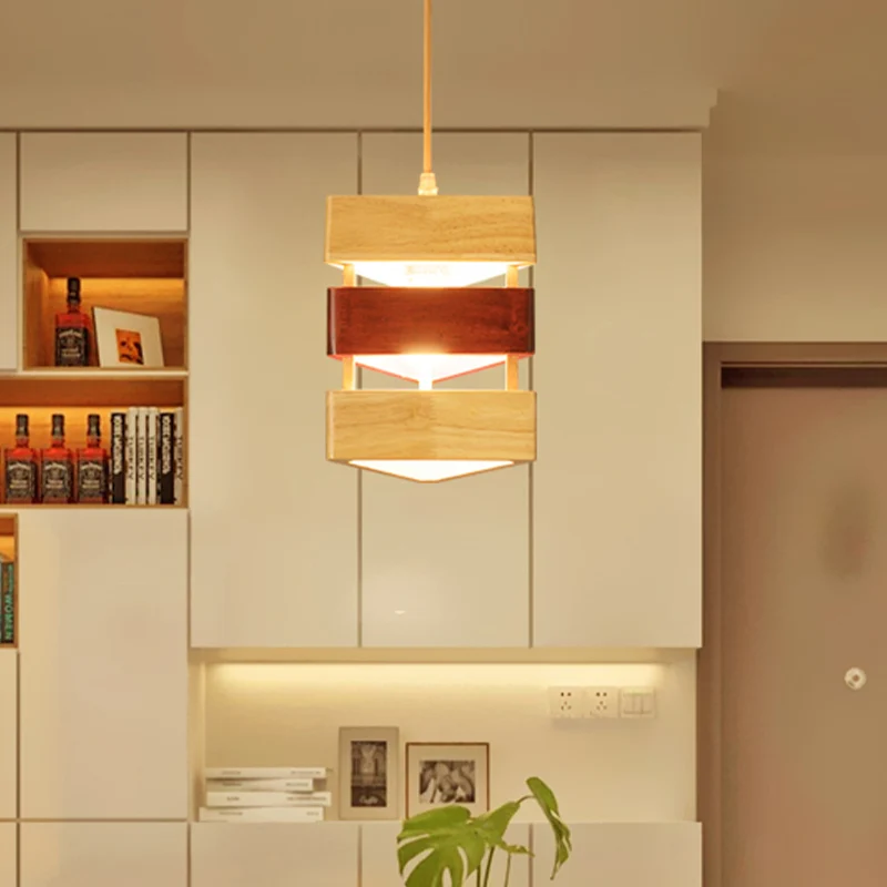 Asiatische Deckenleuchte mit 1 Kopf, beige, dreieckige Pendelleuchte mit Holzschirm Clearhalo