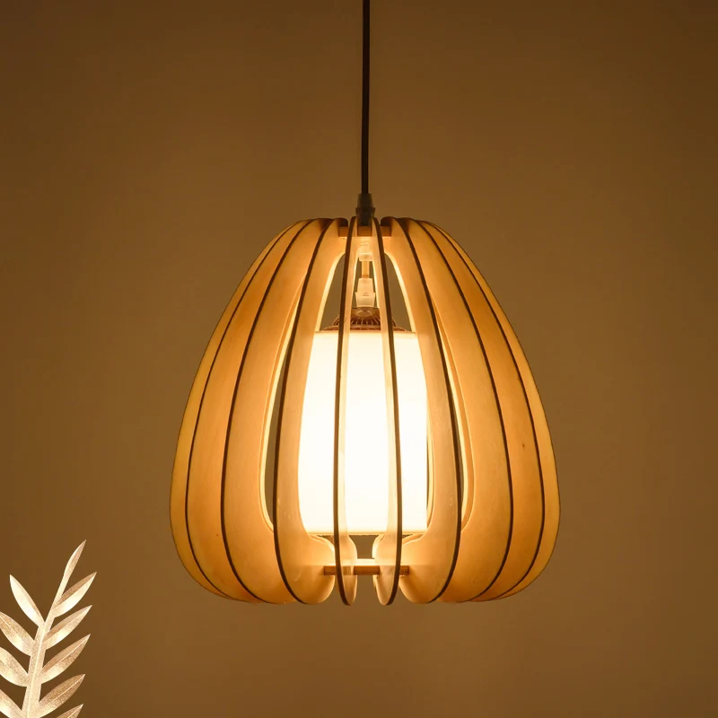 Beige Birnen-Hängelampe, zeitgenössische 1-Kopf-Deckenpendelleuchte aus Holz für Restaurant Clearhalo