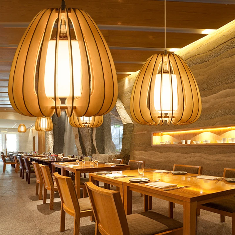 Beige Birnen-Hängelampe, zeitgenössische 1-Kopf-Deckenpendelleuchte aus Holz für Restaurant Clearhalo