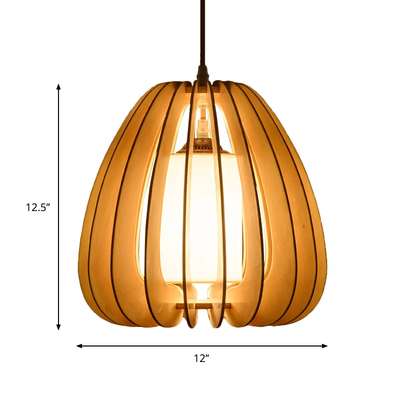 Beige Birnen-Hängelampe, zeitgenössische 1-Kopf-Deckenpendelleuchte aus Holz für Restaurant Clearhalo