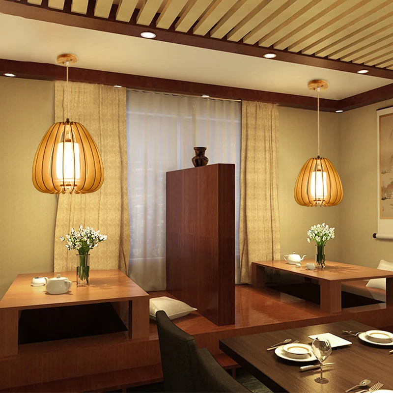Beige Birnen-Hängelampe, zeitgenössische 1-Kopf-Deckenpendelleuchte aus Holz für Restaurant Clearhalo