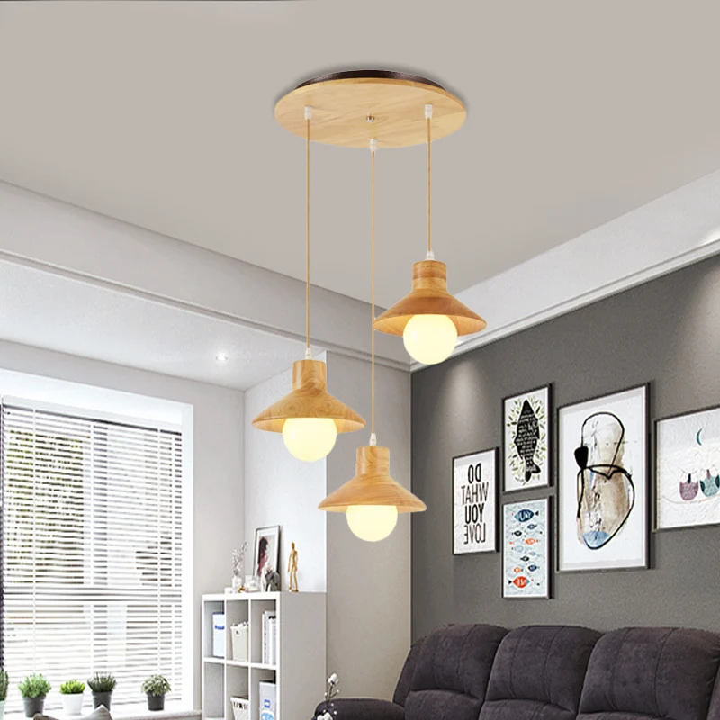 Beige Flare Multiple Hängeleuchte Nordic 3 Glühbirnen Naturholz Deckenanhänger über dem Esstisch Clearhalo