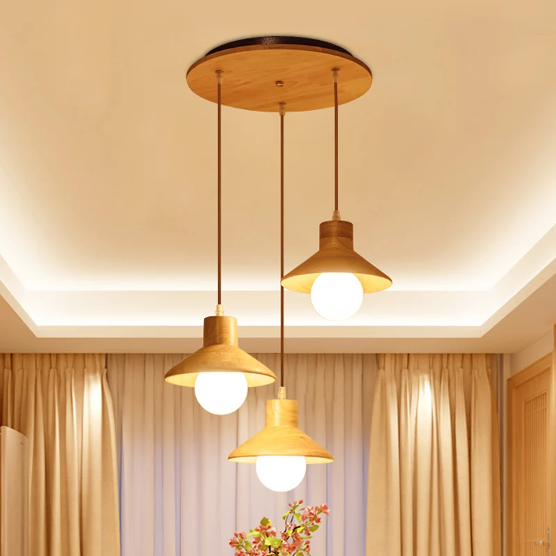 Beige Flare Multiple Hängeleuchte Nordic 3 Glühbirnen Naturholz Deckenanhänger über dem Esstisch Clearhalo