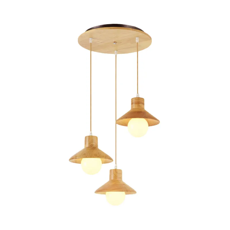 Beige Flare Multiple Hängeleuchte Nordic 3 Glühbirnen Naturholz Deckenanhänger über dem Esstisch Clearhalo