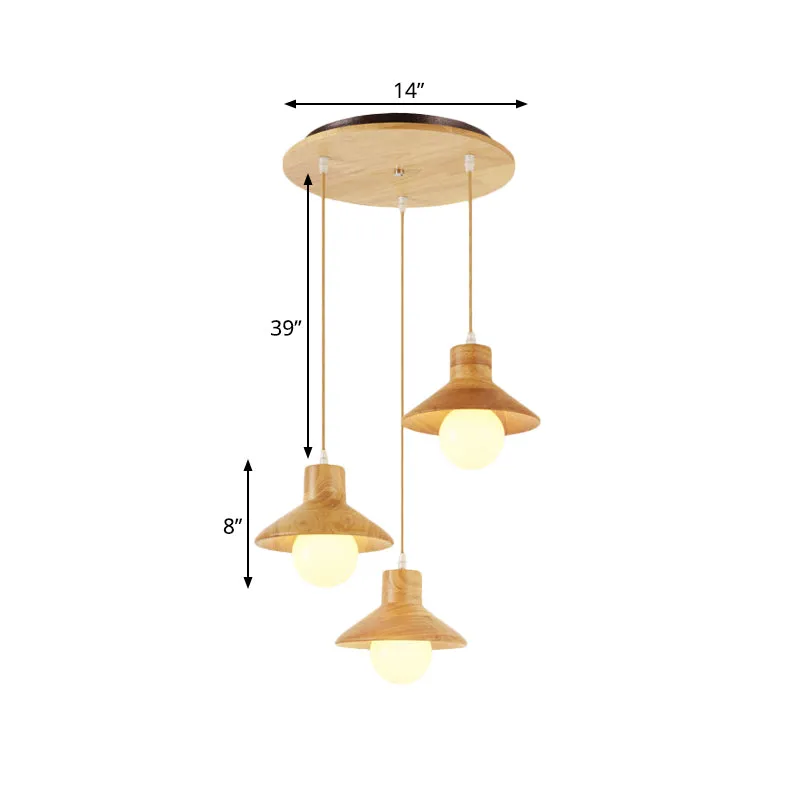Beige Flare Multiple Hängeleuchte Nordic 3 Glühbirnen Naturholz Deckenanhänger über dem Esstisch Clearhalo