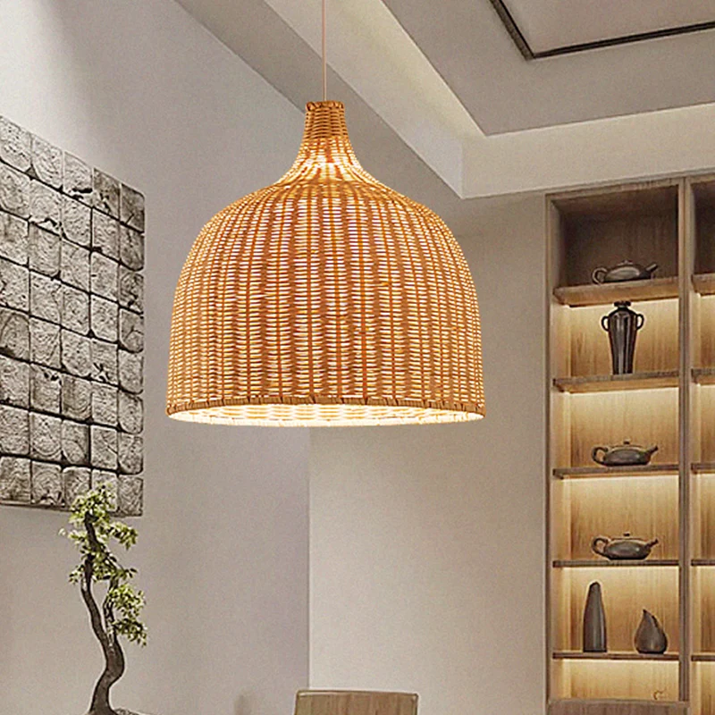 Beige Schüssel-Deckenpendelleuchte, asiatisch, 1 Licht, 11"/18" breite Bambus-Hängeleuchte Clearhalo
