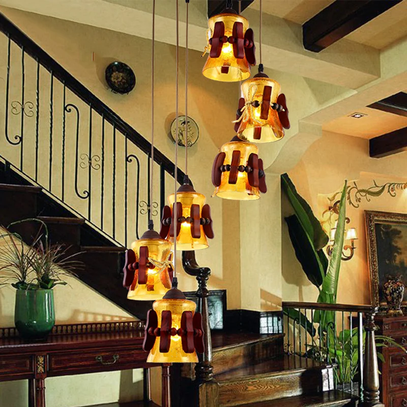 Bell Yellow Crackle Glass Cluster Pendant Classic 6 Lichter Restaurant Holz hängende Deckenleuchte Braun Clearhalo