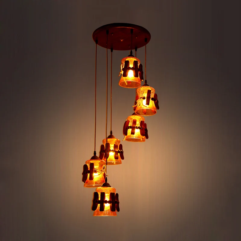 Bell Yellow Crackle Glass Cluster Pendant Classic 6 Lichter Restaurant Holz hängende Deckenleuchte Braun Clearhalo